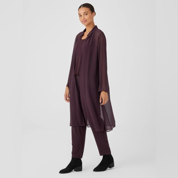 Eileen Fisher Crinkled Sheer Silk Collar Jacket/ Duster in Cassis | Size M - Picture 3 of 7